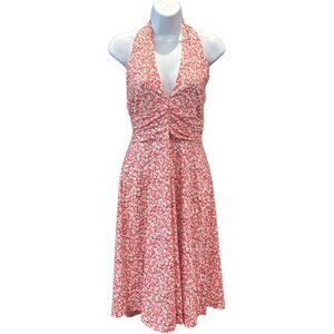 Huhot Red Floral Halter Sundress Small Vintage Fit & Flare Back Tie Summer Dress